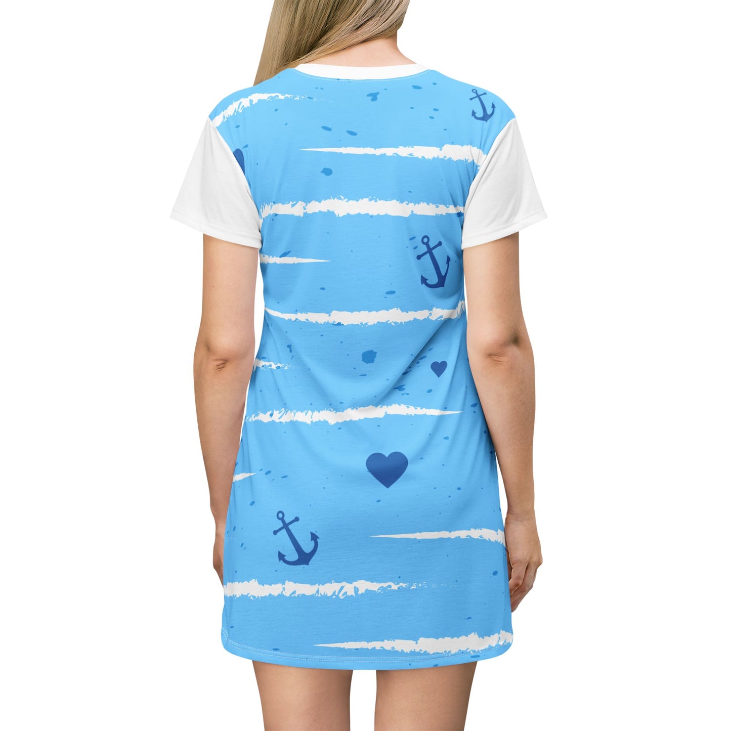 Nautical Anchor Hearts T-Shirt Dress | Blue Stripes Sailor Print
