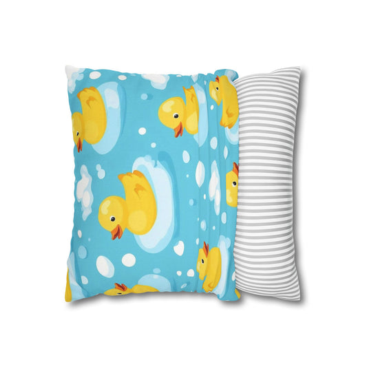 Yellow Rubber Duck Pattern Spun Polyester Square Pillowcase | Cute Bath Bubbles
