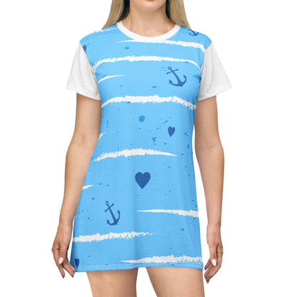 Nautical Anchor Hearts T-Shirt Dress | Blue Stripes Sailor Print