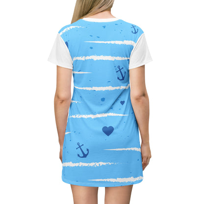 Nautical Anchor Hearts T-Shirt Dress | Blue Stripes Sailor Print