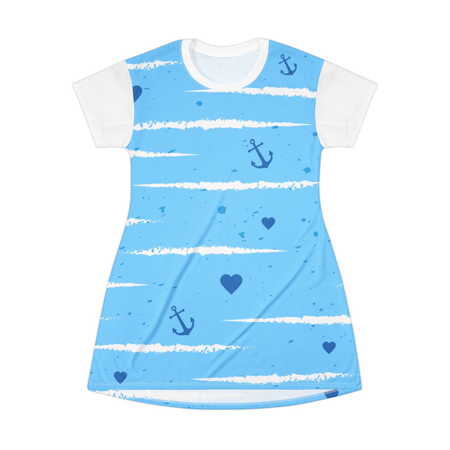 Nautical Anchor Hearts T-Shirt Dress | Blue Stripes Sailor Print