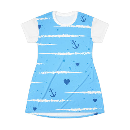 Nautical Anchor Hearts T-Shirt Dress | Blue Stripes Sailor Print